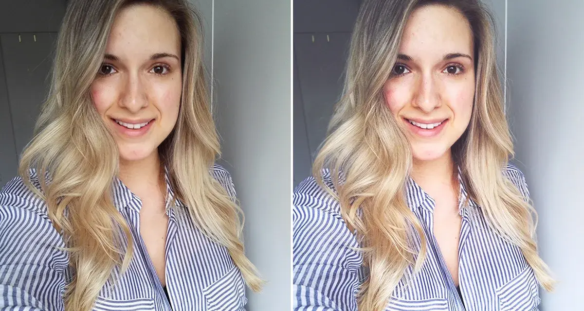 Uśmiechnięta blondynka w paski, pokazująca jak zrobić idealne selfie. Dwa ujęcia tej samej dziewczyny, lekko różniące się kątem.